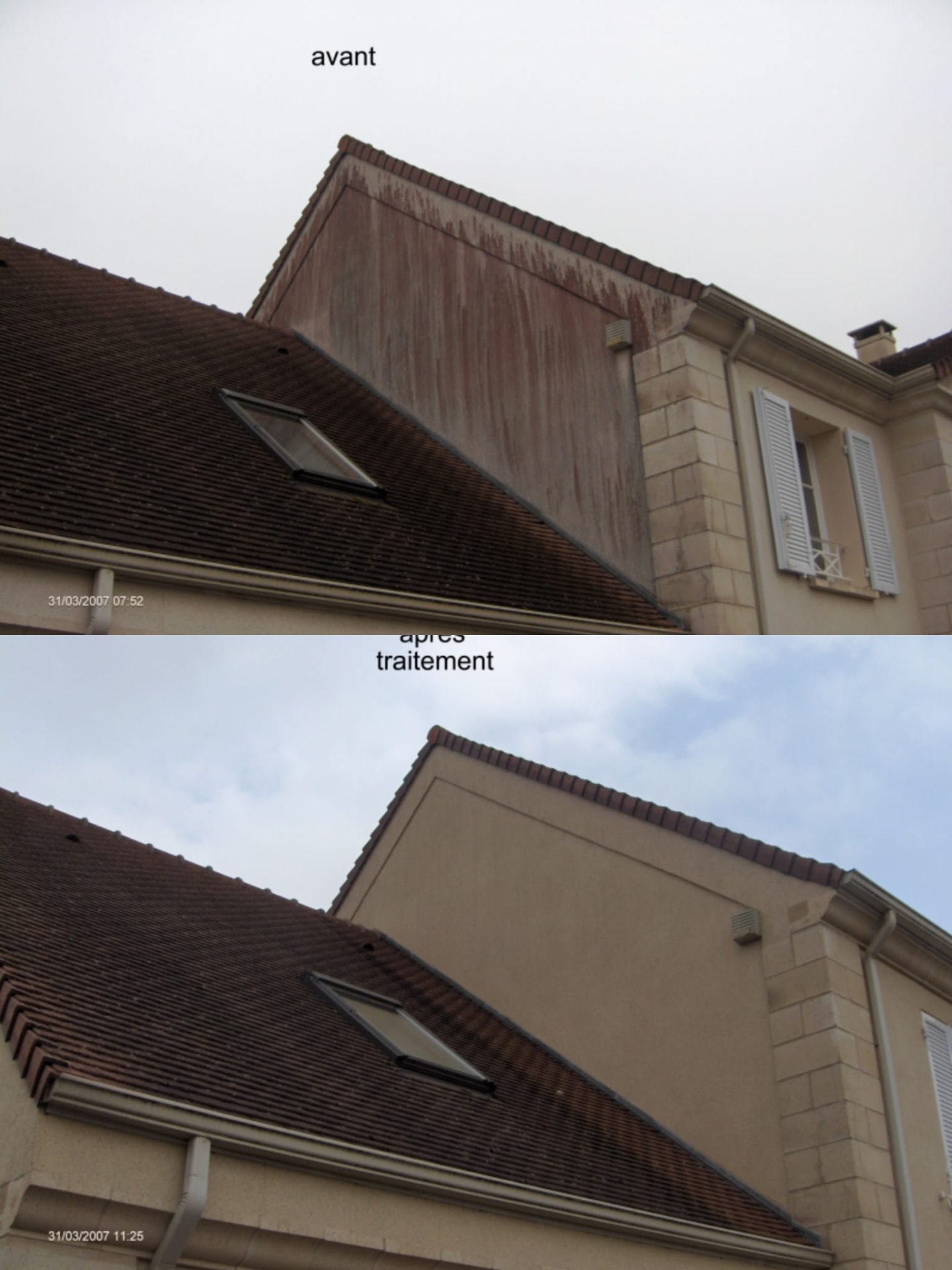Pignon avant et après traitement hydrofuge et nettoyage de façade